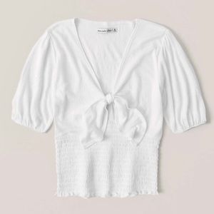 Abercrombie & Fitch Short-Sleeve Smocked Tie-Front Top, White XS